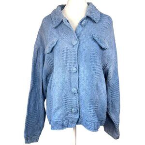 Vintage Cotton Sweater Jacket Textured Knit Cardigan Blue Size Large